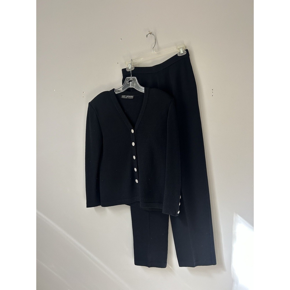 St John evening knit Black rhinestones embellished Formal Pant suit‎ Sz 6